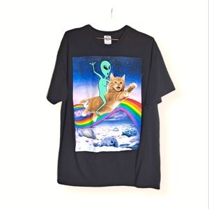 Alien Riding A Farting Cat Over A Rainbow Funny Mens size XL